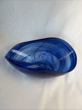 Hand Blown Swirl Art Glass Large Centerpiece Asymmetrical Bowl Cobalt Blue